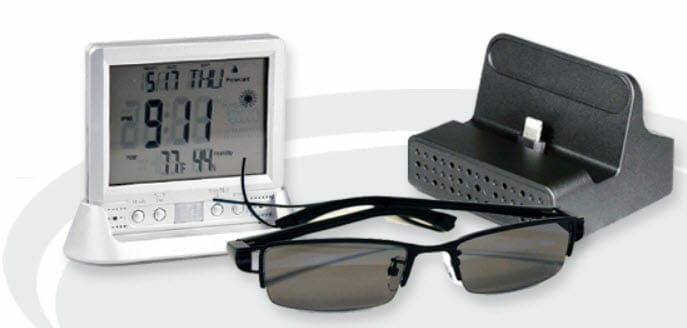 a clock charger and glasses