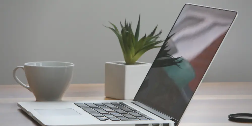 working desk with laptop, cup and a plant vase